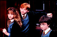 Harry Potter, Ron Weasley and Hermoine Granger in Hogwarts School of Witchcraft and Wizardry. A scene from Harry Potter and The Chamber of Secrets.