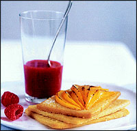 Champagne Mangoes with Raspberry Coulis and Cardamom Shortbread... recipe in 
Recipe Section at the back.