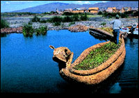 Reed boat with puma head, Uros, Lake Titicaca,  the world's highest navigable lake.