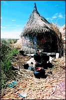 A hut on the floating Uros island, Lake Titicaca.